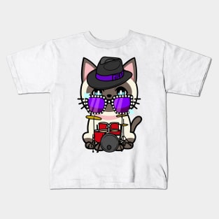 Funny siamese cat is playing the drums Kids T-Shirt